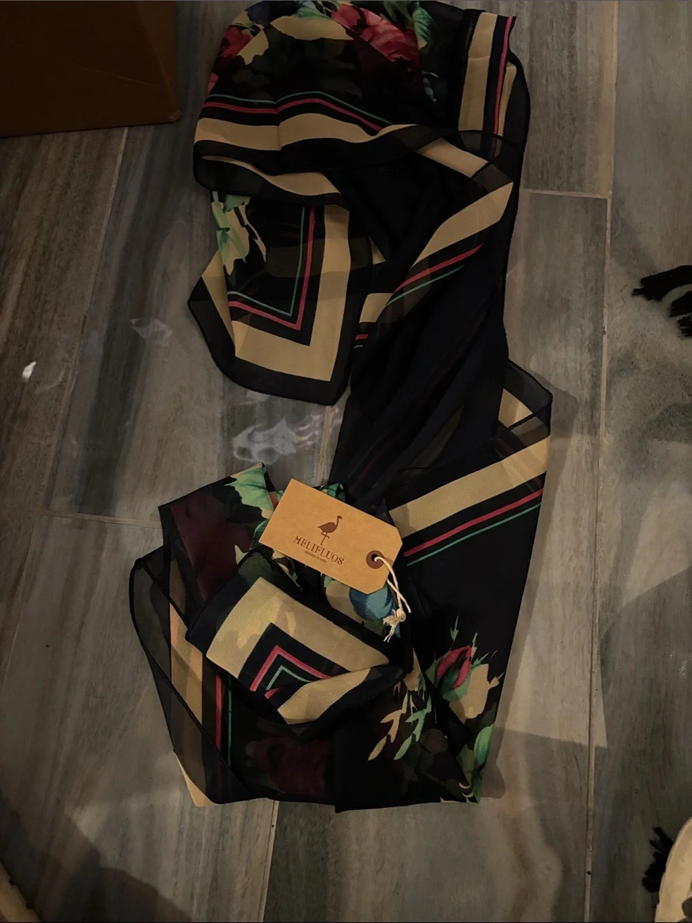 Floral Silk-Feel Black Scarf